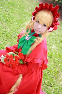 Rating: Safe Score: 0 Tags: 1girl blonde_hair blue_eyes bouquet bow dress flower lips long_hair looking_at_viewer red_dress red_rose rose shinku solo User: admin