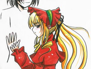 Rating: Safe Score: 0 Tags: 1girl blonde_hair blush bonnet dress image long_hair long_sleeves profile red_dress shinku simple_background solo upper_body very_long_hair white_background User: admin