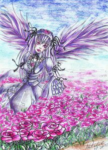 Rating: Safe Score: 0 Tags: 1girl dress floating_hair flower frills hairband image long_hair long_sleeves looking_at_viewer pink_eyes rose solo suigintou traditional_media very_long_hair watercolor_(medium) wings User: admin