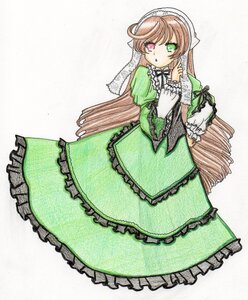 Rating: Safe Score: 0 Tags: 1girl brown_hair dress frills green_dress green_eyes heterochromia image long_hair long_sleeves looking_at_viewer red_eyes ribbon simple_background solo suiseiseki very_long_hair User: admin