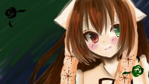 Rating: Safe Score: 0 Tags: 1girl blush brown_hair closed_mouth flower green_eyes heterochromia image long_hair looking_at_viewer red_eyes rose smile solo souseiseki suiseiseki tattoo User: admin
