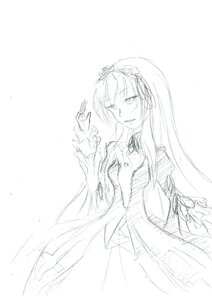 Rating: Safe Score: 0 Tags: 1girl dress frilled_sleeves frills greyscale hairband image long_hair long_sleeves looking_at_viewer monochrome ribbon simple_background sketch solo suigintou white_background User: admin