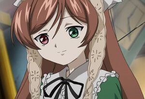 Rating: Safe Score: 0 Tags: 1girl black_ribbon brown_hair closed_mouth dress frills green_eyes head_scarf heterochromia image long_hair looking_at_viewer neck_ribbon red_eyes ribbon smile solo suiseiseki User: admin