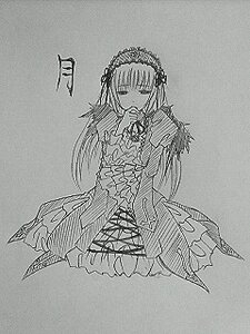 Rating: Safe Score: 0 Tags: 1girl dress frills greyscale hairband image long_hair long_sleeves monochrome solo standing suigintou traditional_media User: admin