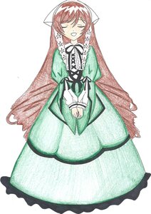Rating: Safe Score: 0 Tags: 1girl blush brown_hair closed_eyes dress facing_viewer full_body green_dress head_scarf image long_hair long_sleeves open_mouth simple_background smile solo standing striped suiseiseki v_arms vertical_stripes very_long_hair white_background User: admin