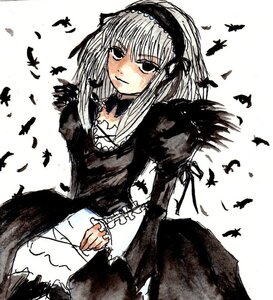Rating: Safe Score: 0 Tags: 1girl bird black_feathers black_wings crow dove dress feathers frills greyscale hairband image lolita_hairband long_sleeves looking_at_viewer monochrome seagull solo suigintou wings User: admin