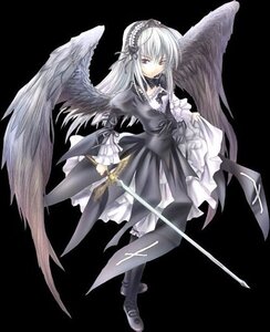 Rating: Safe Score: 0 Tags: 1girl black_wings boots dress frills full_body hairband image lolita_hairband long_hair long_sleeves ribbon rose silver_hair solo suigintou sword weapon wings User: admin