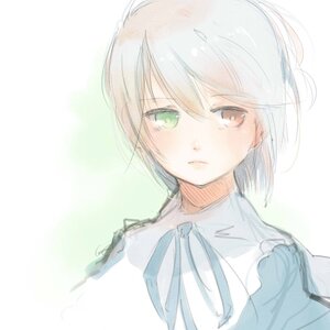 Rating: Safe Score: 0 Tags: 1girl bangs blue_neckwear blush closed_mouth green_eyes image looking_at_viewer ribbon shiroinu short_hair simple_background sketch solo souseiseki white_background User: admin