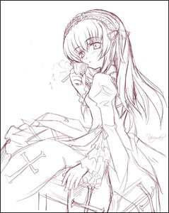 Rating: Safe Score: 0 Tags: 1girl black_border blush dress food frills greyscale hairband image letterboxed lolita_hairband long_hair long_sleeves looking_at_viewer monochrome sketch solo suigintou windowboxed User: admin