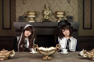 Rating: Safe Score: 0 Tags: 2girls brown_hair candlestand chair cup frame hat indoors long_hair looking_at_viewer maid multiple_cosplay multiple_girls painting_(object) smile table tagme User: admin