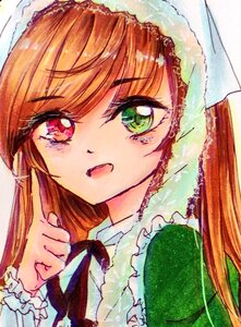 Rating: Safe Score: 0 Tags: 1girl :d bangs brown_hair frills green_eyes hat heterochromia image long_hair looking_at_viewer open_mouth red_eyes smile solo suiseiseki traditional_media User: admin