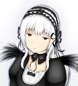 Rating: Safe Score: 0 Tags: 1girl bangs black_dress black_ribbon black_wings closed_mouth collarbone detached_collar dress feathered_wings feathers frills grey_background hairband image juliet_sleeves long_hair long_sleeves looking_at_viewer puffy_sleeves red_eyes ribbon silver_hair simple_background solo suigintou upper_body white_background wings User: admin