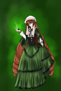 Rating: Safe Score: 0 Tags: 1girl brown_hair dress frills full_body green_background green_dress green_eyes head_scarf image long_hair long_sleeves solo suiseiseki very_long_hair User: admin