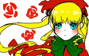 Rating: Safe Score: 0 Tags: 1girl bangs blonde_hair blue_eyes blush bow dress image long_hair long_sleeves looking_at_viewer red_dress shinku solo twintails upper_body white_background User: admin