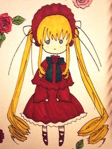 Rating: Safe Score: 0 Tags: 1girl blonde_hair blue_eyes bonnet bow bowtie capelet dress drill_hair flower full_body green_bow image long_hair long_sleeves looking_at_viewer marker_(medium) pink_rose red_dress red_flower red_rose rose shinku solo standing twin_drills twintails very_long_hair User: admin