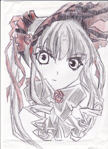 Rating: Safe Score: 0 Tags: 1girl bangs blush closed_mouth dress eyebrows_visible_through_hair flower frills image long_hair looking_at_viewer photo red_flower red_rose rose shinku simple_background sketch smile solo traditional_media User: admin