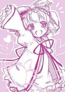 Rating: Safe Score: 0 Tags: 1girl auto_tagged blush bow dress frills heart hinaichigo image long_sleeves looking_at_viewer monochrome open_mouth ribbon simple_background smile solo User: admin