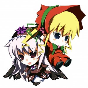 Rating: Safe Score: 0 Tags: 2girls :d blonde_hair blue_eyes bow bowtie chibi dress full_body image long_hair long_sleeves looking_at_viewer multiple_girls open_mouth pair shinku simple_background smile suigintou white_background User: admin