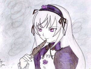 Rating: Safe Score: 0 Tags: 1girl detached_collar dress flower frills hairband image long_hair purple_eyes rose signature silver_hair solo suigintou User: admin