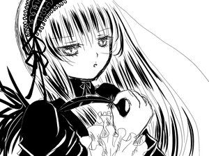 Rating: Safe Score: 0 Tags: 1girl blush dress frills greyscale hairband image long_hair long_sleeves looking_at_viewer monochrome ribbon simple_background solo suigintou upper_body white_background User: admin