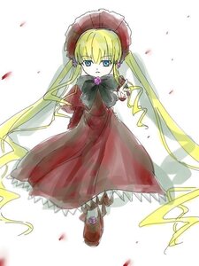 Rating: Safe Score: 0 Tags: 1girl blonde_hair blue_eyes bonnet bow bowtie dress flower full_body image long_hair long_sleeves looking_at_viewer petals red_dress rose shinku shoes solo standing striped twintails very_long_hair User: admin