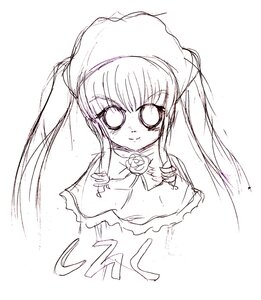 Rating: Safe Score: 0 Tags: 1girl bangs closed_mouth dress eyebrows_visible_through_hair greyscale image long_hair looking_at_viewer monochrome rose shinku simple_background sketch smile solo twintails white_background User: admin