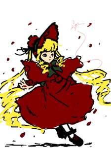 Rating: Safe Score: 0 Tags: 1girl bangs blonde_hair blue_eyes bonnet bow dress flower full_body image long_hair long_sleeves petals red_dress rose rose_petals shinku solo User: admin