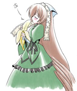 Rating: Safe Score: 0 Tags: 1girl blonde_hair blush brown_hair closed_eyes dress food frills green_dress head_scarf image long_hair long_sleeves puffy_sleeves simple_background solo suiseiseki very_long_hair white_background User: admin