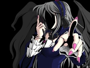 Rating: Safe Score: 0 Tags: 1girl black_wings dress fingernails frills hairband image long_hair long_sleeves nail_polish purple_nails silver_hair simple_background solo suigintou upper_body wings User: admin