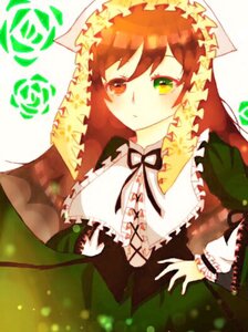 Rating: Safe Score: 0 Tags: 1girl bangs brown_hair dress frills green_dress green_eyes heterochromia image long_hair long_sleeves looking_at_viewer red_eyes ribbon simple_background solo suiseiseki upper_body User: admin