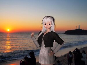 Rating: Safe Score: 0 Tags: 1girl dress hairband image long_hair long_sleeves looking_at_viewer ocean outdoors photo_background red_eyes silver_hair sky solo standing suigintou sunset water User: admin