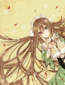 Rating: Safe Score: 0 Tags: 1girl brown_hair dress flower frills green_eyes head_scarf heterochromia image long_hair long_sleeves looking_at_viewer petals red_eyes ribbon solo suiseiseki very_long_hair yellow_background User: admin