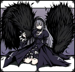 Rating: Safe Score: 0 Tags: 1girl black_border black_wings dress flower frills full_body hairband image letterboxed long_hair long_sleeves looking_at_viewer puffy_sleeves rose sitting solo suigintou wings User: admin