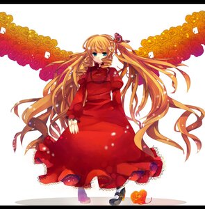 Rating: Safe Score: 0 Tags: 1girl blonde_hair dress drill_hair flower hair_ribbon image letterboxed long_hair orange_hair pantyhose red_dress red_flower red_rose ribbon rose shinku shoes solo striped striped_background very_long_hair yellow_rose User: admin