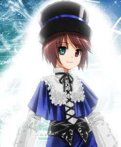 Rating: Safe Score: 0 Tags: 1girl blue_dress brown_hair dress green_eyes hat heterochromia image long_sleeves looking_at_viewer red_eyes ribbon short_hair smile solo souseiseki top_hat User: admin