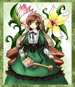 Rating: Safe Score: 0 Tags: 1girl brown_hair dress drill_hair flower frills green_dress green_eyes heterochromia image long_hair long_sleeves looking_at_viewer red_eyes solo suiseiseki twintails very_long_hair watering_can User: admin