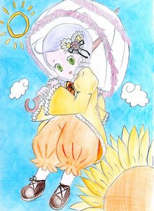 Rating: Safe Score: 0 Tags: 1girl bloomers cloud dress flower green_eyes hair_ornament hat image kanaria long_sleeves open_mouth sky smile solo traditional_media umbrella underwear watercolor_(medium) yellow_dress User: admin