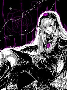 Rating: Safe Score: 0 Tags: 1girl dress flower frills hairband image long_hair long_sleeves looking_at_viewer monochrome rose solo suigintou wings User: admin