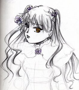 Rating: Safe Score: 0 Tags: 1girl flower hair_ornament image kirakishou long_hair monochrome rose solo spot_color traditional_media two_side_up upper_body yellow_eyes User: admin