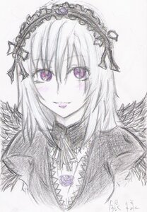 Rating: Safe Score: 0 Tags: 1girl bangs blush eyebrows_visible_through_hair flower hair_between_eyes hairband image long_hair looking_at_viewer monochrome rose signature simple_background smile solo suigintou traditional_media white_background User: admin