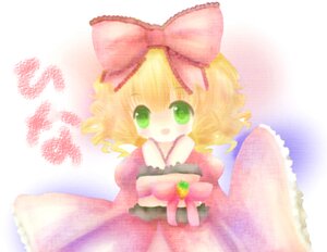 Rating: Safe Score: 0 Tags: 1girl blonde_hair blush bow chibi green_eyes hair_bow hina_ichigo hinaichigo holding image japanese_clothes kimono looking_at_viewer open_mouth pink_bow smile solo User: admin