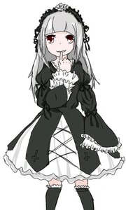 Rating: Safe Score: 0 Tags: 1girl bangs dress finger_to_mouth frills hairband image index_finger_raised lolita_fashion long_hair long_sleeves looking_at_viewer red_eyes ribbon silver_hair simple_background smile solo standing suigintou white_background User: admin