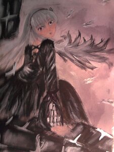 Rating: Safe Score: 0 Tags: 1girl bangs bird black_dress dress feathers frills gothic_lolita image lolita_fashion long_hair long_sleeves looking_at_viewer looking_back solo suigintou white_hair wings User: admin