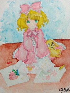 Rating: Safe Score: 0 Tags: 1girl blonde_hair bow dress frills green_eyes hair_bow hina_ichigo hinaichigo image long_sleeves looking_at_viewer pink_bow pink_dress short_hair smile solo traditional_media watercolor_(medium) User: admin