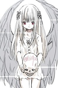 Rating: Safe Score: 0 Tags: 1girl bangs blunt_bangs closed_mouth dress eyebrows_visible_through_hair hair_ornament hair_ribbon holding image long_hair looking_at_viewer monochrome sketch solo spot_color suigintou very_long_hair wings User: admin