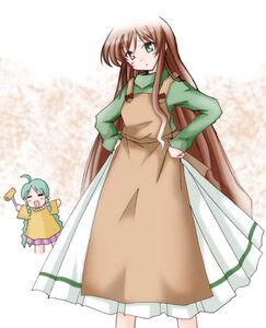 Rating: Safe Score: 0 Tags: 2girls ahoge apron brown_hair closed_eyes dress green_eyes green_hair image long_hair long_sleeves multiple_girls open_mouth solo standing suiseiseki yellow_dress User: admin