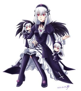 Rating: Safe Score: 0 Tags: 1girl black_dress black_wings boots dress flower frills hairband image juliet_sleeves long_hair long_sleeves looking_at_viewer multiple_views red_eyes silver_hair solo suigintou white_background wings User: admin