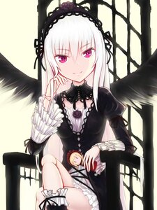 Rating: Safe Score: 0 Tags: 1girl black_dress black_wings cross detached_collar dress feathered_wings feathers frills gothic_lolita hairband image lolita_fashion long_hair long_sleeves looking_at_viewer pink_eyes rose silver_hair sitting smile solo suigintou wings User: admin