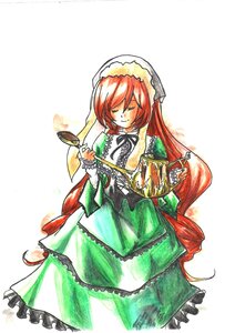 Rating: Safe Score: 0 Tags: 1girl closed_eyes dress frills green_dress hat hong_meiling image long_hair simple_background smile solo suiseiseki very_long_hair white_background User: admin