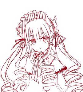 Rating: Safe Score: 0 Tags: 1girl blush dress drill_hair hair_ribbon image long_hair long_sleeves looking_at_viewer monochrome ribbon shinku simple_background solo striped upper_body very_long_hair white_background User: admin